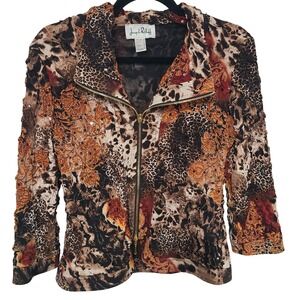 Joseph Ribkoff Animal Print Sequin Zip Front Jacket Brown Orange Women's Size 8